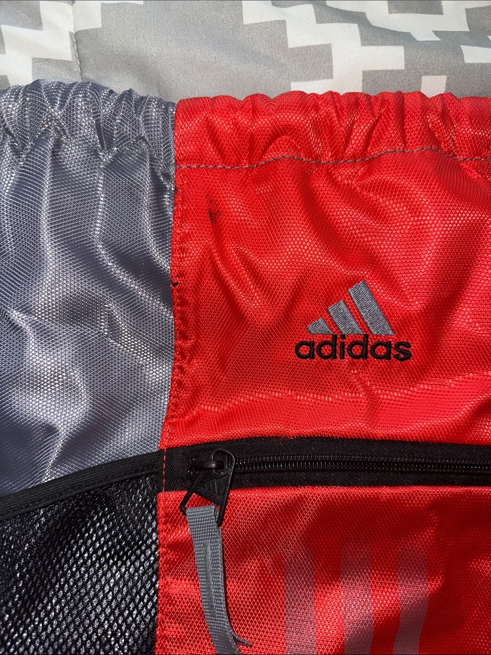 adidas Red, Gray and Black Drawstring Backpack with Front Zip Pocket - Picture 3 of 3